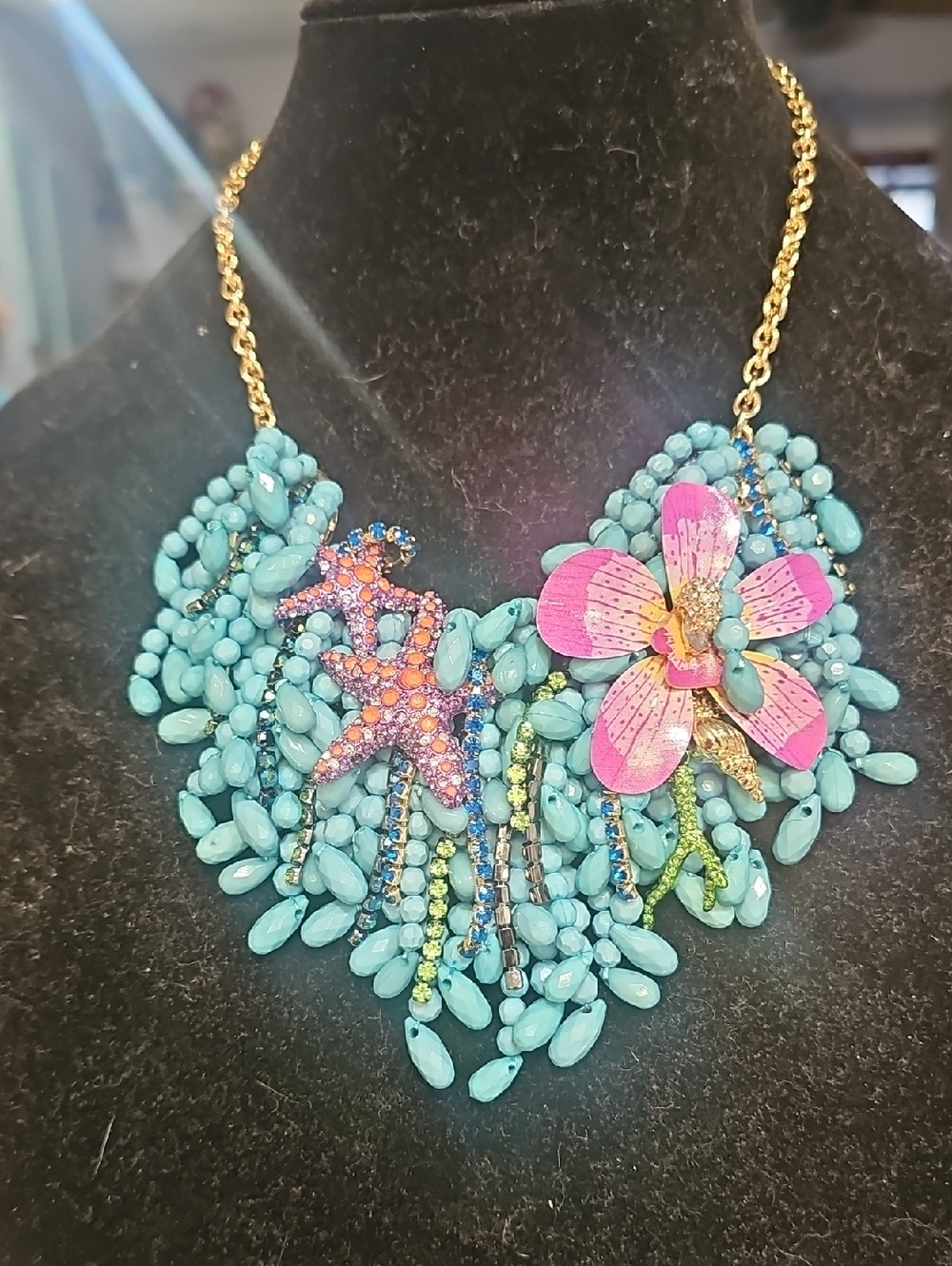 Betsey Johnson Turquoise Beaded Necklace with Pink Floral & Starfish Accents